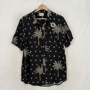 Cove USA Shirt Mens Medium Black Palm Tree Moon Print Short Sleeve Rayon Stretch